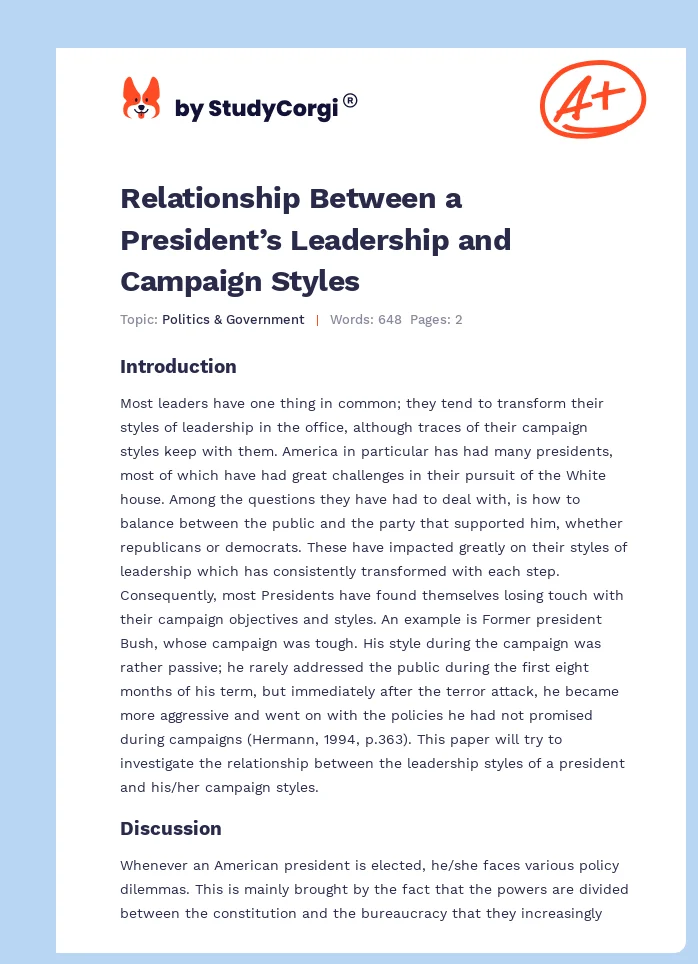 Relationship Between a President’s Leadership and Campaign Styles. Page 1