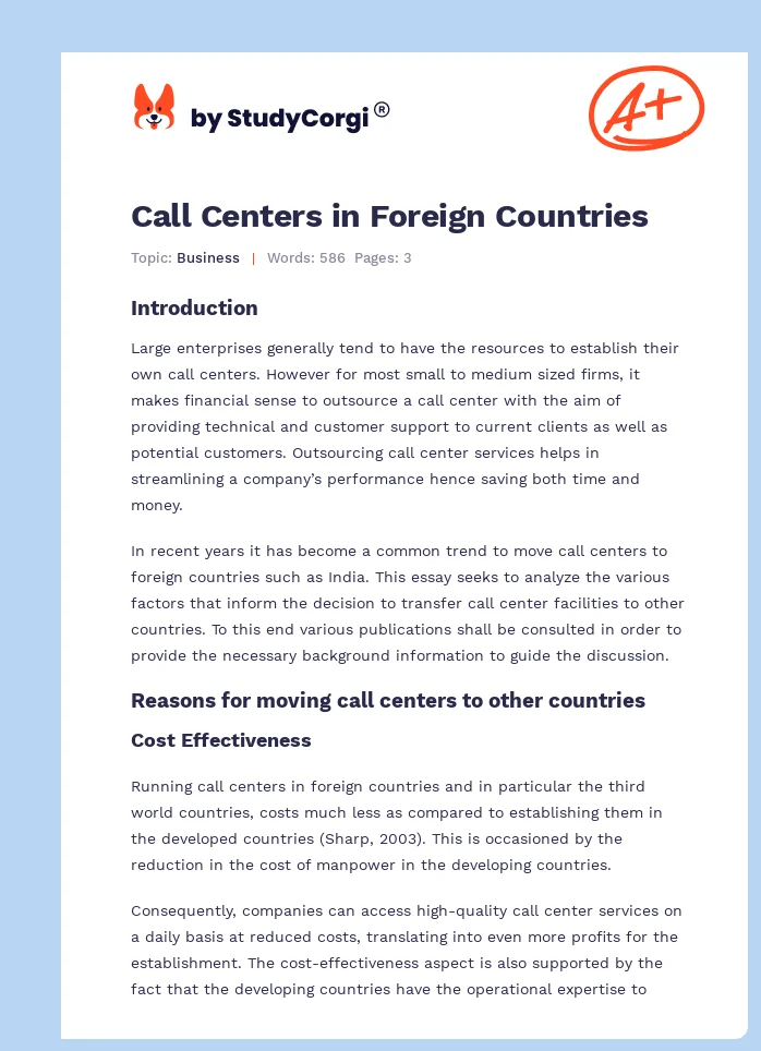 Call Centers in Foreign Countries. Page 1