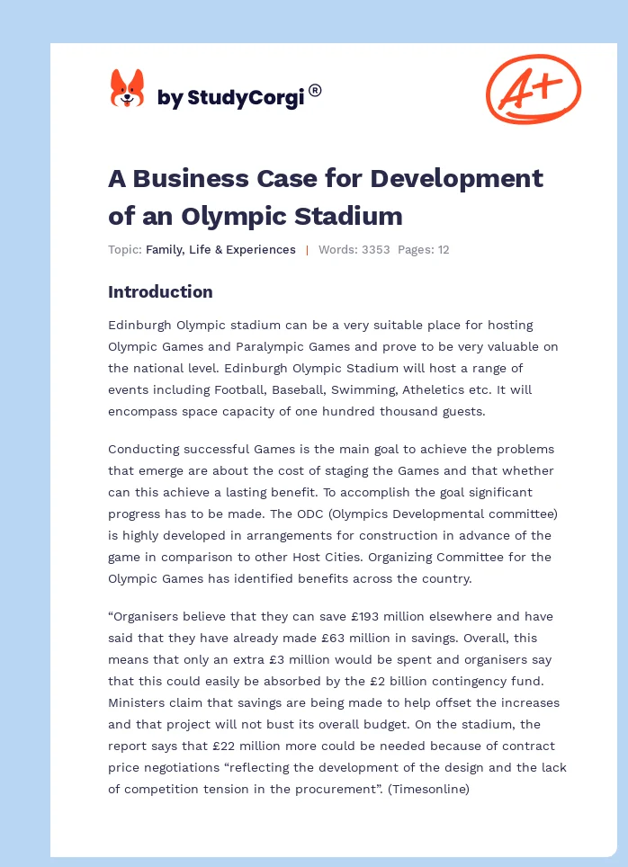 A Business Case for Development of an Olympic Stadium. Page 1