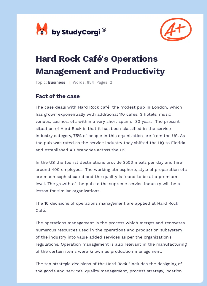 Hard Rock Café's Operations Management and Productivity. Page 1