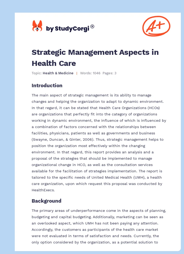 Strategic Management Aspects in Health Care. Page 1