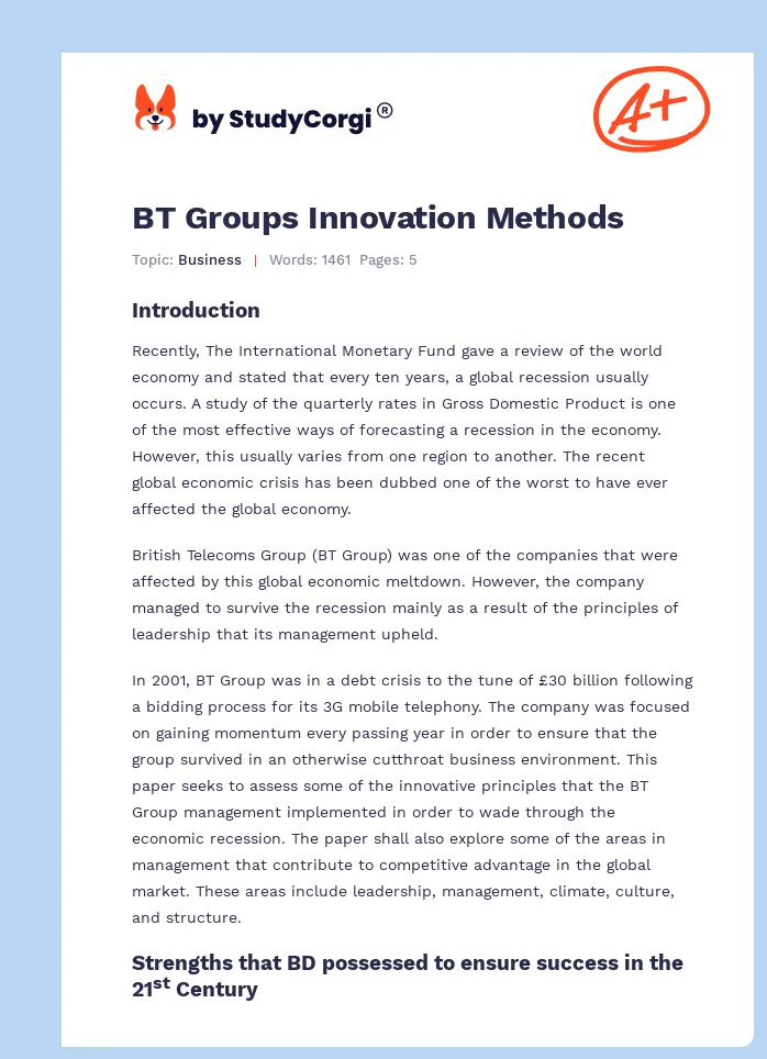 BT Groups Innovation Methods. Page 1