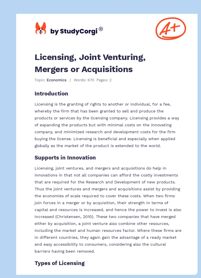 Licensing, Joint Venturing, Mergers or Acquisitions. Page 1