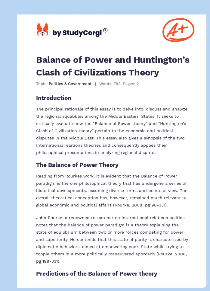 Balance of Power and Huntington’s Clash of Civilizations Theory. Page 1