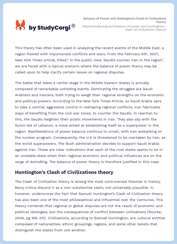 Balance of Power and Huntington’s Clash of Civilizations Theory. Page 2