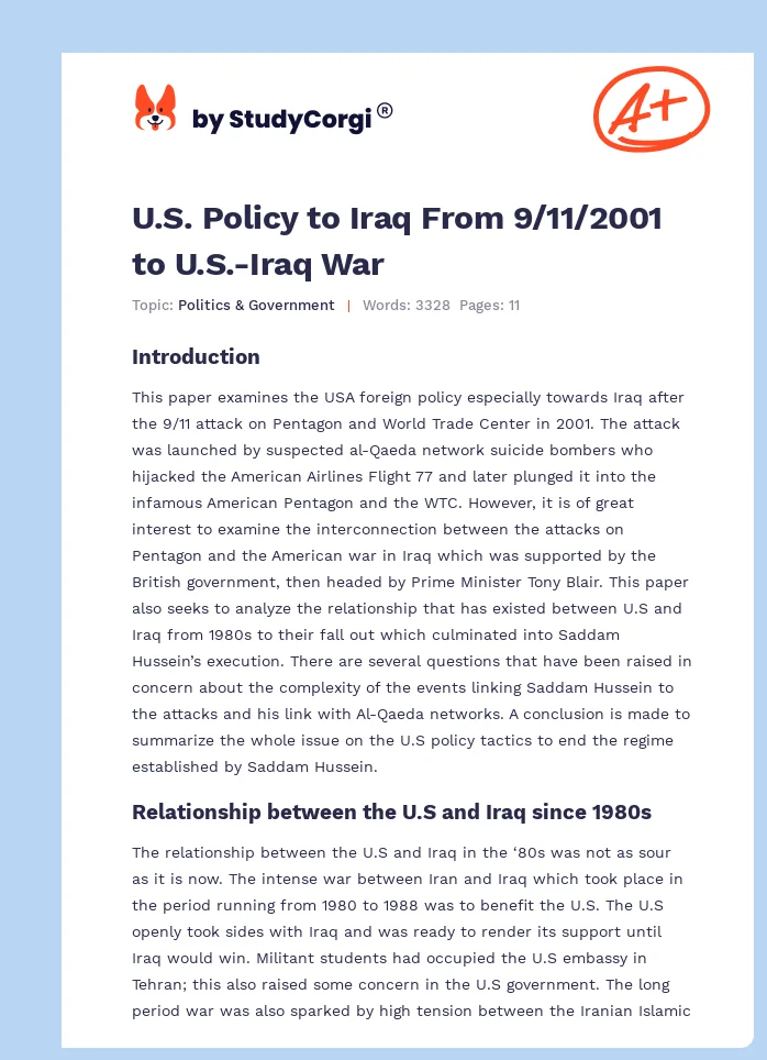 U.S. Policy to Iraq From 9/11/2001 to U.S.-Iraq War. Page 1