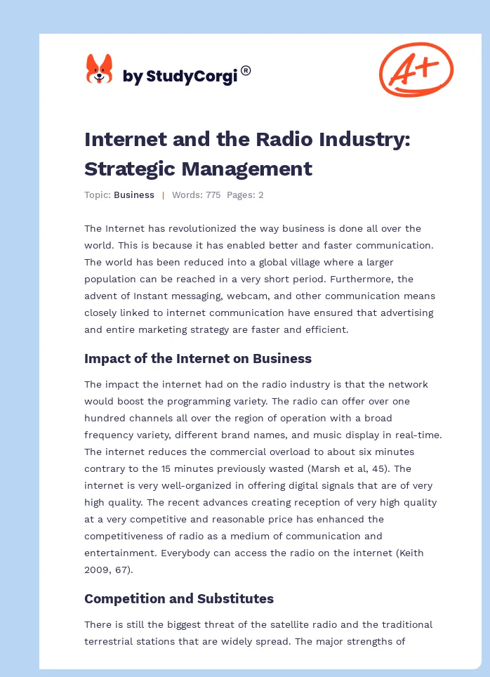 Internet and the Radio Industry: Strategic Management. Page 1