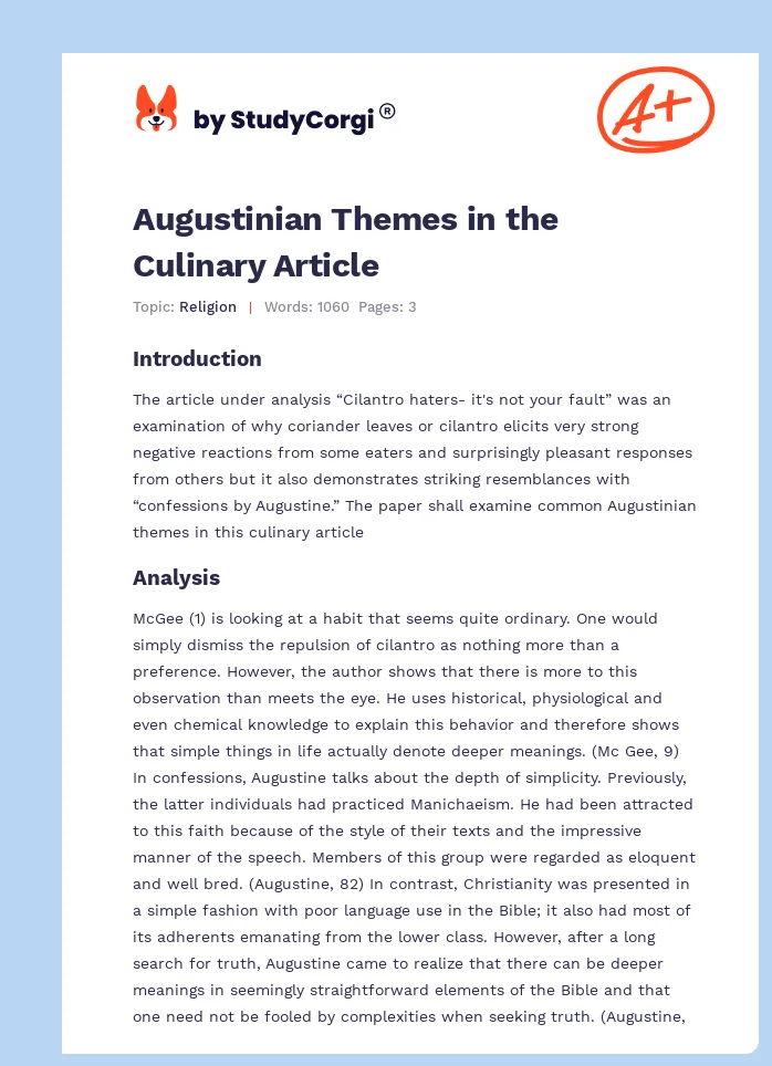 Augustinian Themes in the Culinary Article. Page 1
