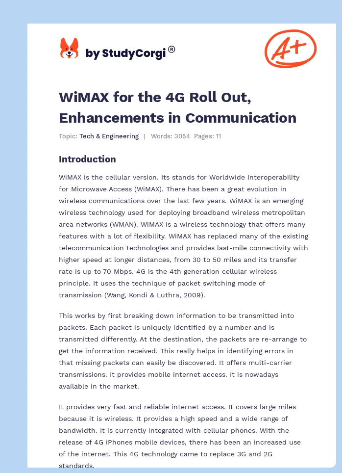 WiMAX for the 4G Roll Out, Enhancements in Communication. Page 1