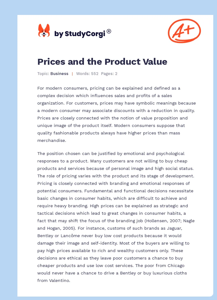 Prices and the Product Value. Page 1