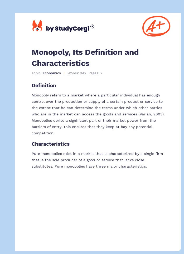 Monopoly, Its Definition and Characteristics. Page 1