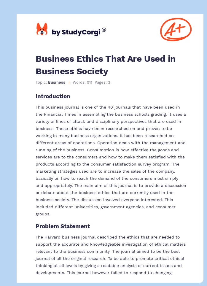 Business Ethics That Are Used in Business Society. Page 1