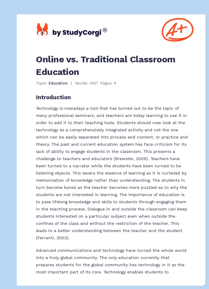 Online vs. Traditional Classroom Education. Page 1
