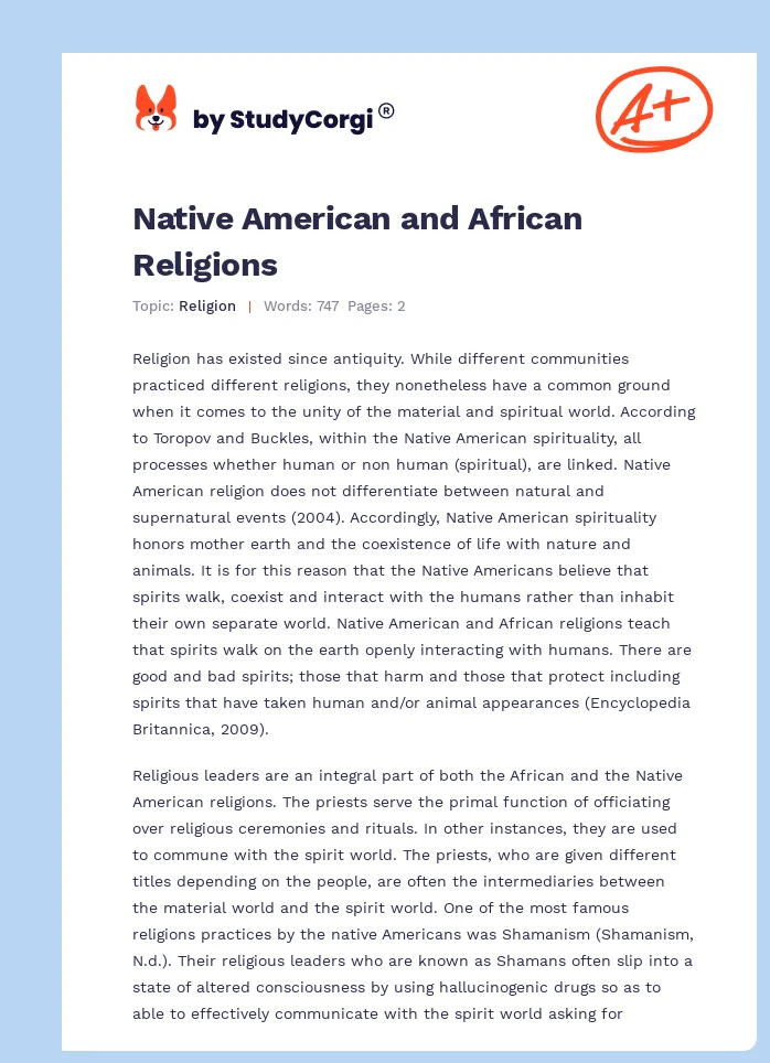 Native American and African Religions. Page 1