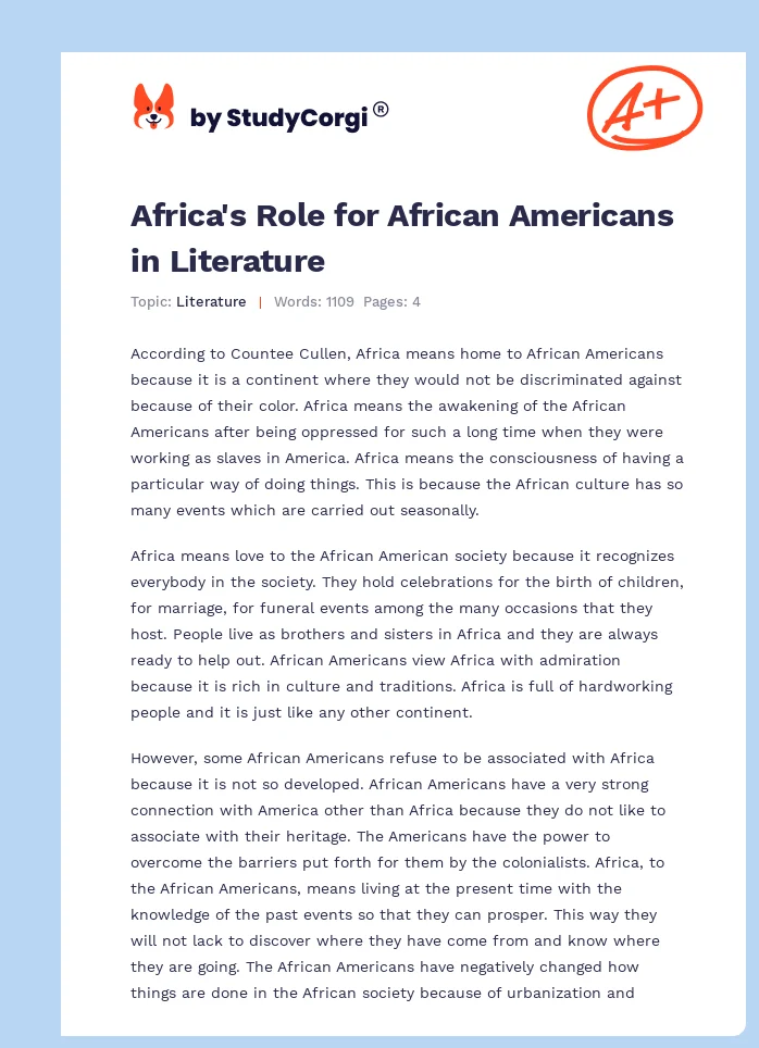 Africa's Role for African Americans in Literature. Page 1