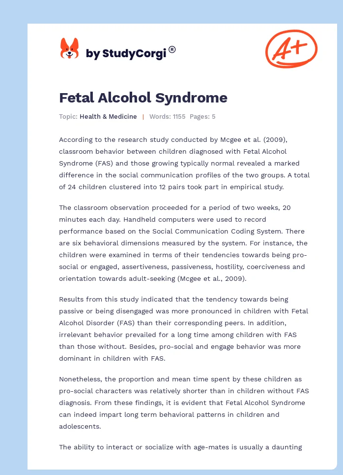 fetal alcohol syndrome essay example