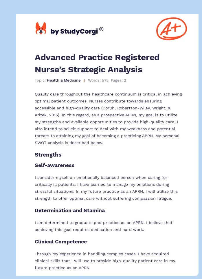 Advanced Practice Registered Nurse's Strategic Analysis. Page 1