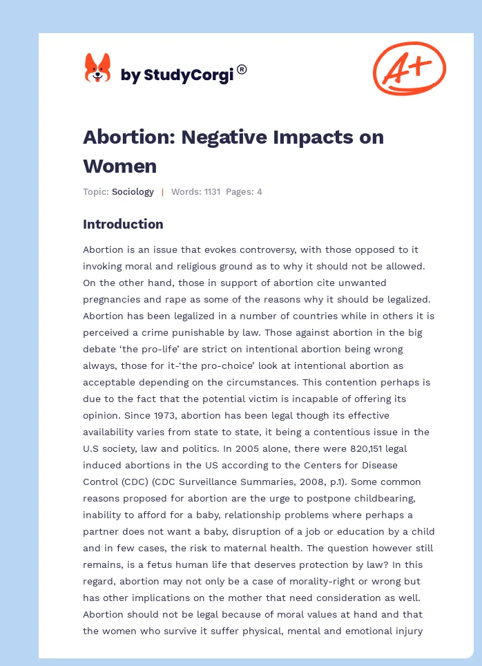 Abortion: Negative Impacts on Women. Page 1