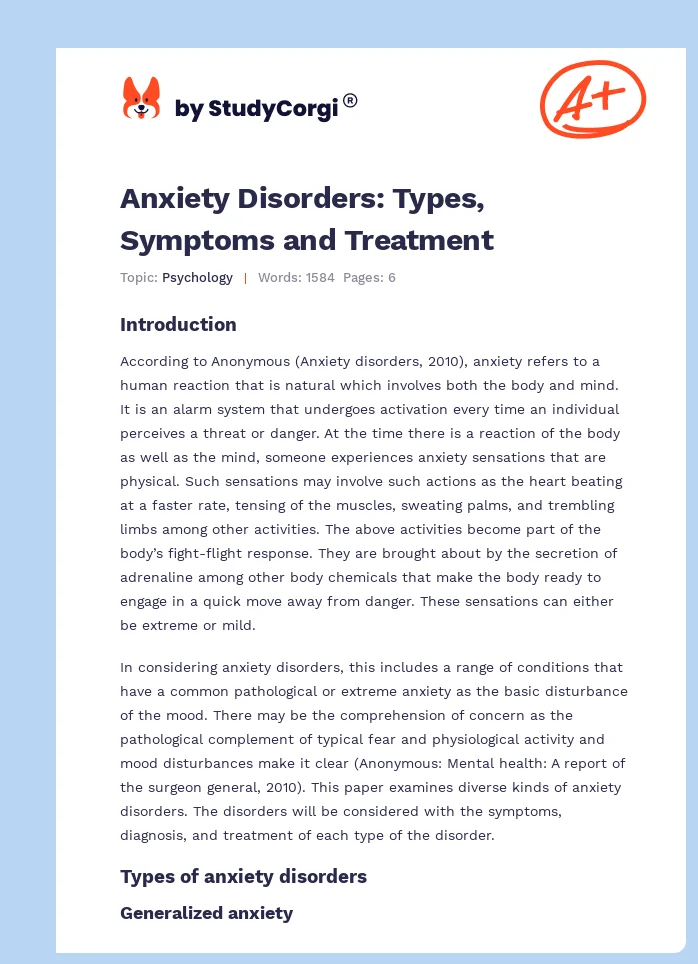 Anxiety Disorders: Types, Symptoms and Treatment. Page 1