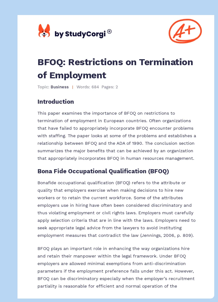 BFOQ: Restrictions on Termination of Employment. Page 1
