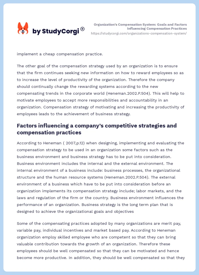 Organization’s Compensation System: Goals and Factors Influencing Compensation Practices. Page 2