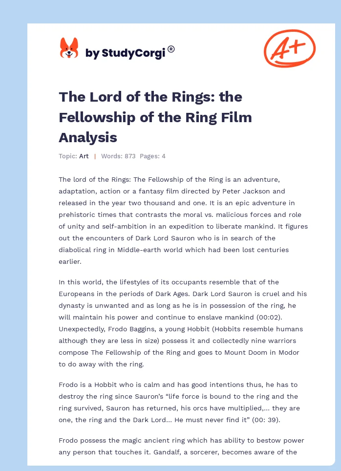 The Lord of the Rings: the Fellowship of the Ring Film Analysis. Page 1