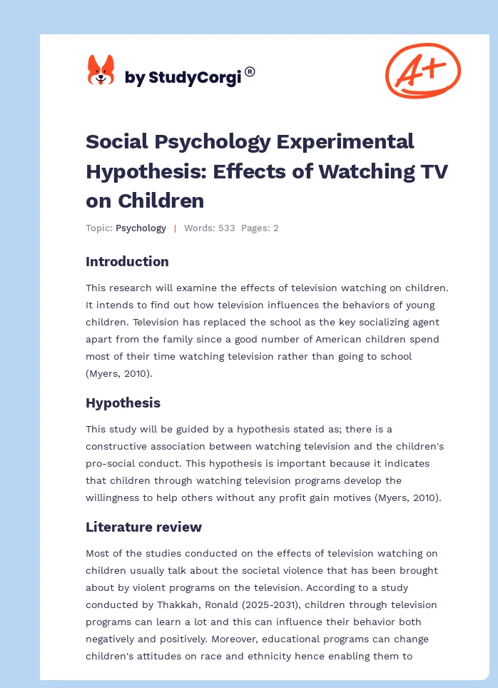 Social Psychology Experimental Hypothesis: Effects of Watching TV on Children. Page 1