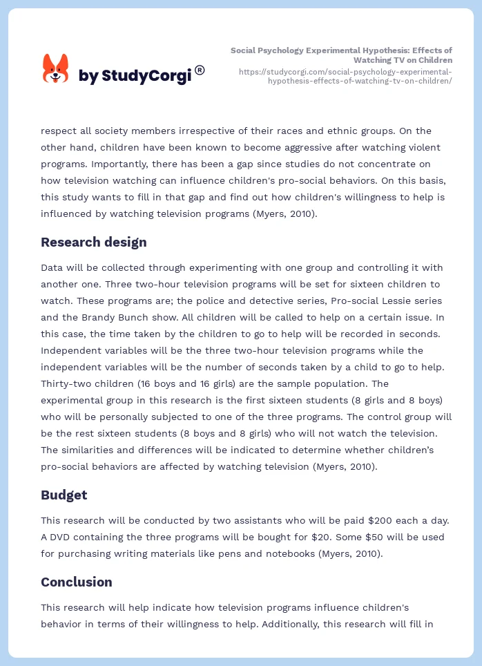 Social Psychology Experimental Hypothesis: Effects of Watching TV on Children. Page 2