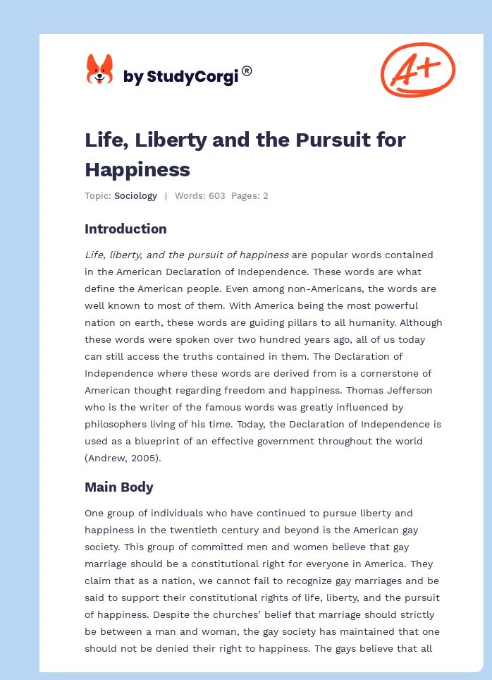 Life, Liberty and the Pursuit for Happiness. Page 1