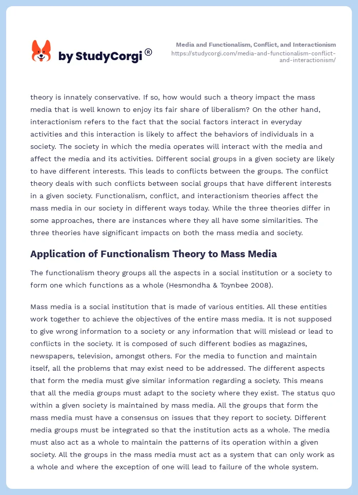 Media and Functionalism, Conflict, and Interactionism. Page 2