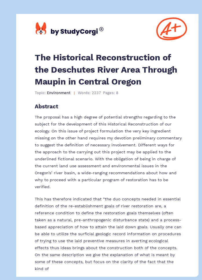 The Historical Reconstruction of the Deschutes River Area Through Maupin in Central Oregon. Page 1