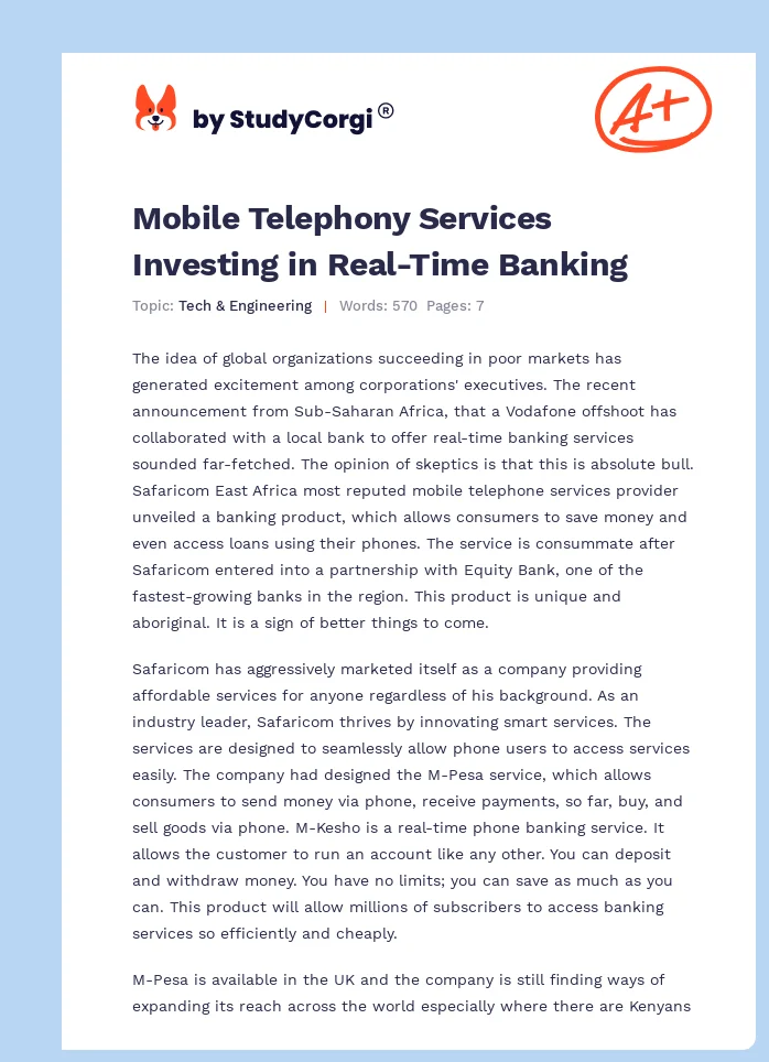 Mobile Telephony Services Investing in Real-Time Banking. Page 1
