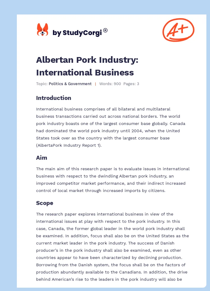 Albertan Pork Industry: International Business. Page 1