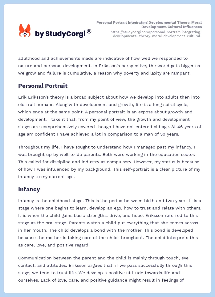 Personal Portrait Integrating Developmental Theory, Moral Development, Cultural Influences. Page 2