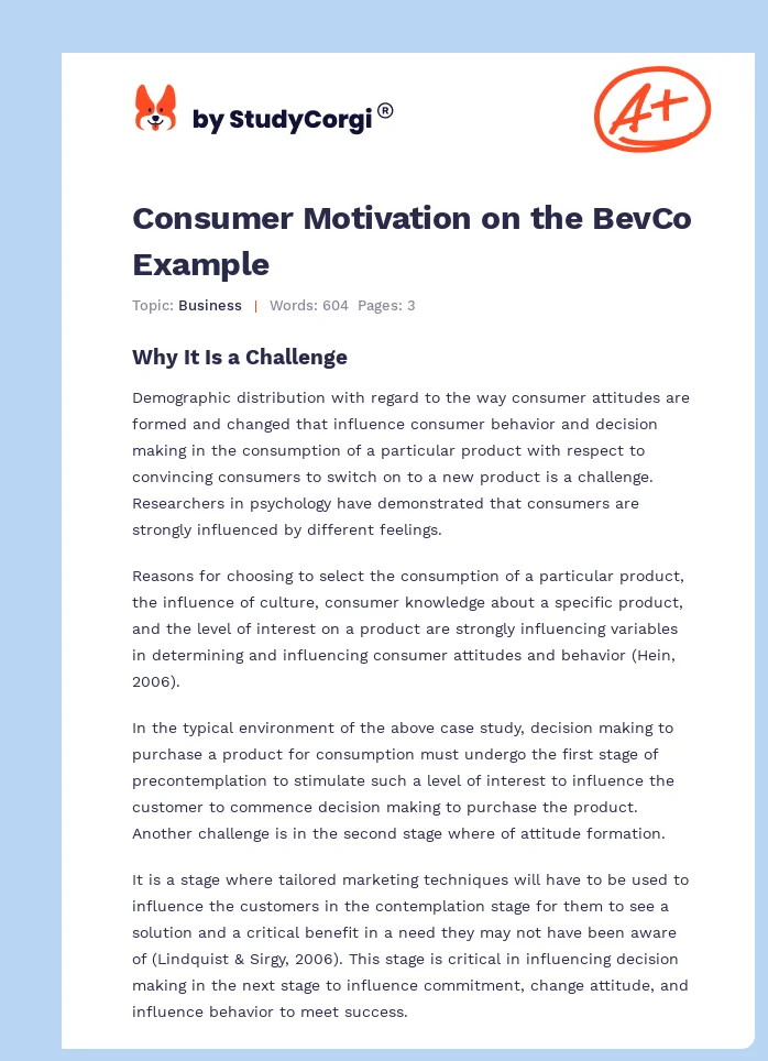 Consumer Motivation on the BevCo Example. Page 1