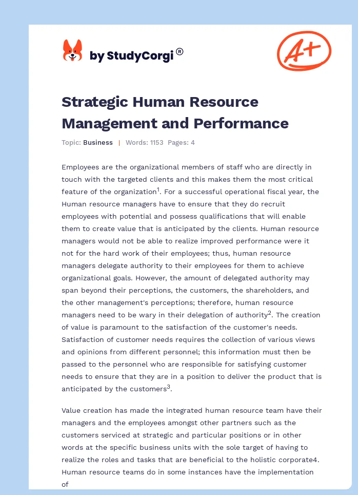 Strategic Human Resource Management and Performance. Page 1