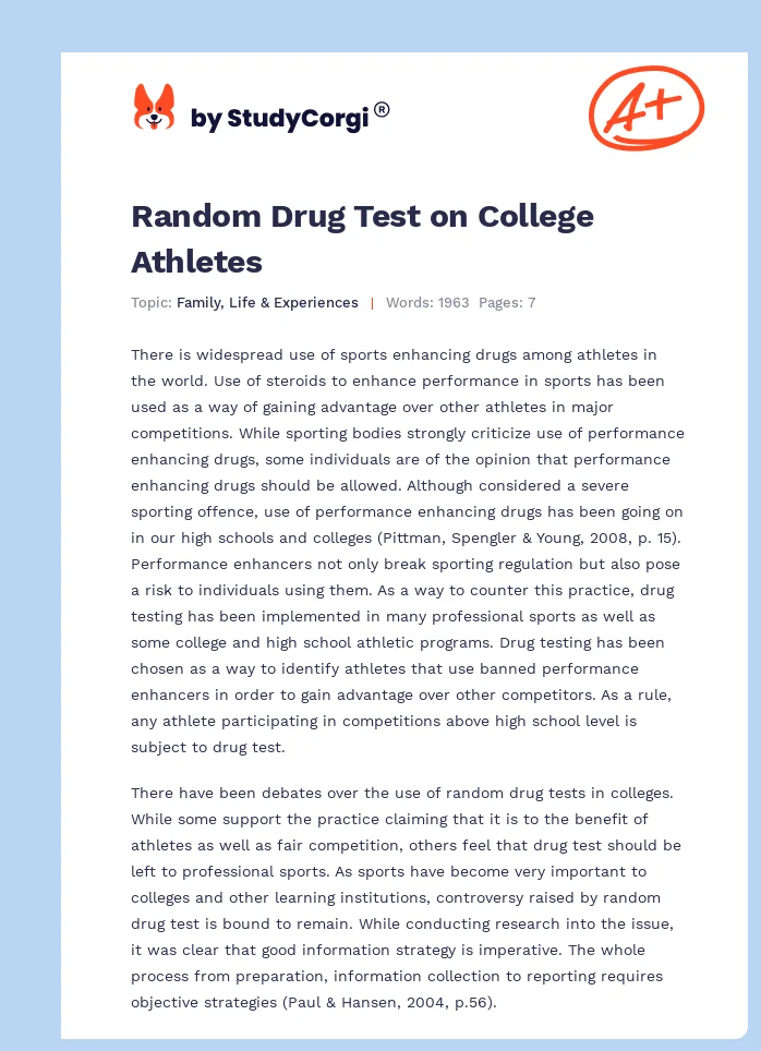 Random Drug Test on College Athletes. Page 1