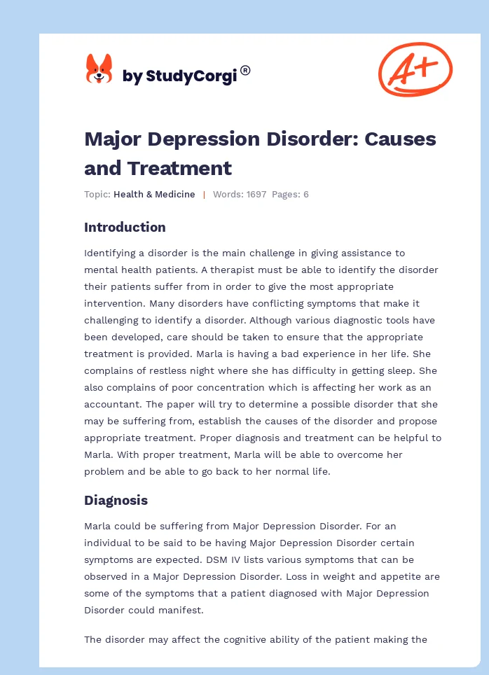 Major Depression Disorder: Causes and Treatment. Page 1