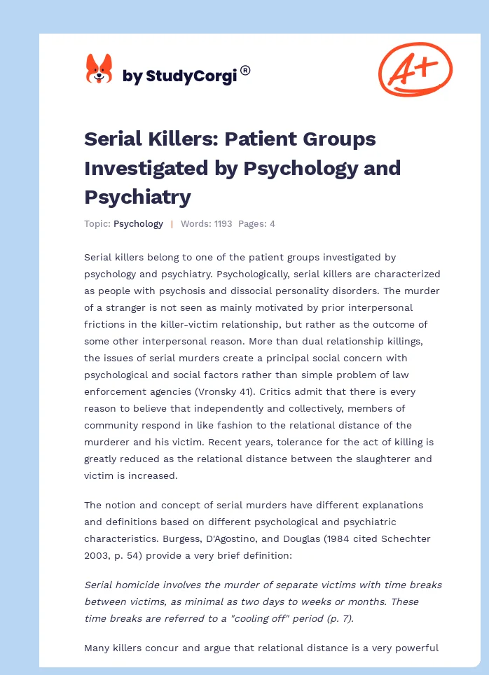 Serial Killers: Patient Groups Investigated by Psychology and Psychiatry. Page 1