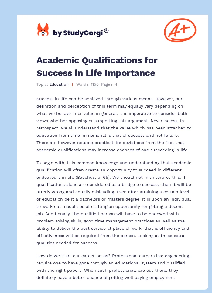 Academic Qualifications for Success in Life Importance. Page 1