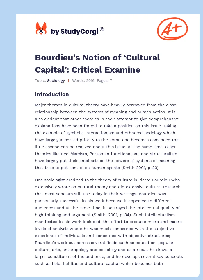 Bourdieu’s Notion of ‘Cultural Capital’: Critical Examine. Page 1
