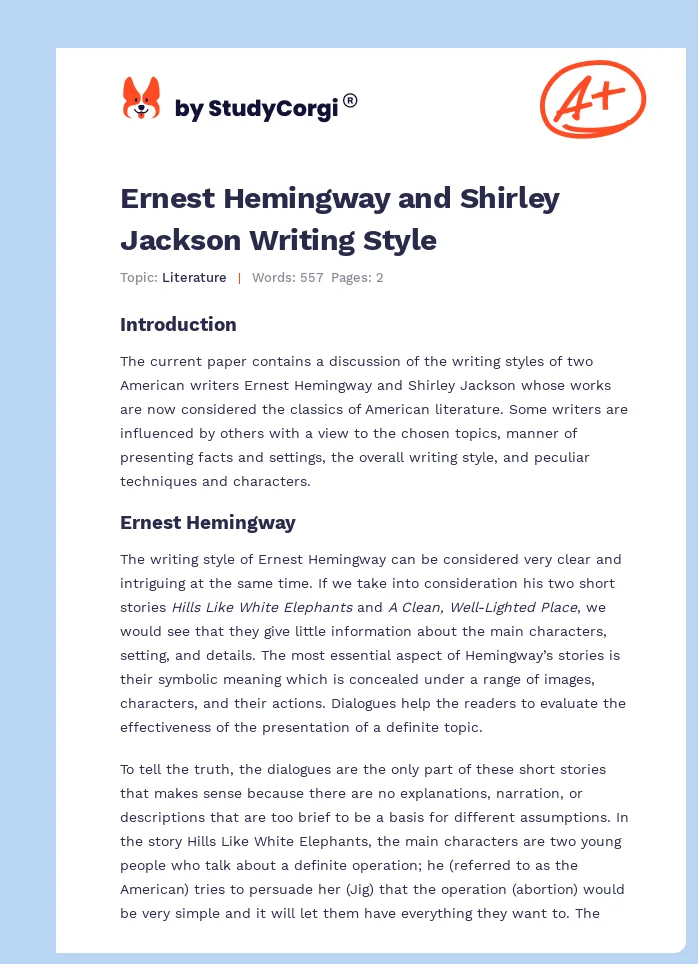 Ernest Hemingway and Shirley Jackson Writing Style. Page 1