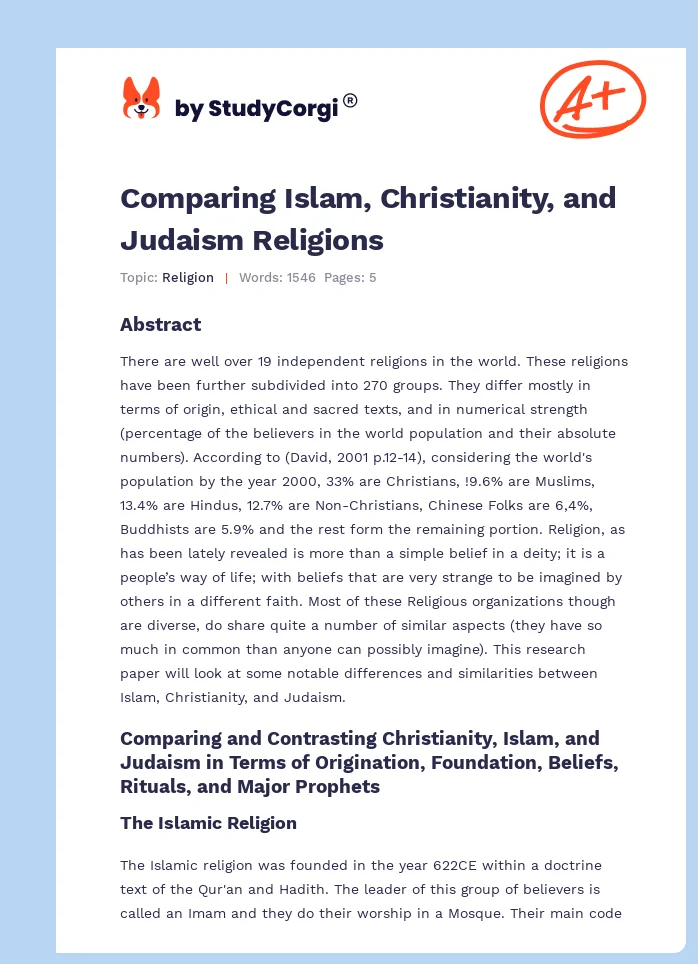 Comparing Islam, Christianity, and Judaism Religions. Page 1
