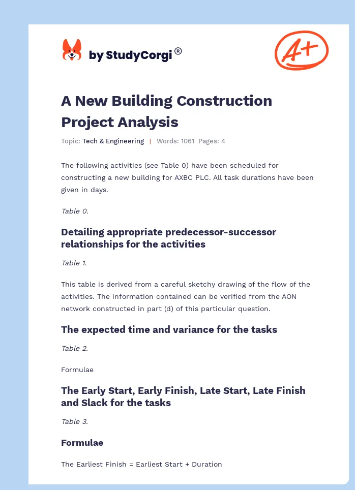 A New Building Construction Project Analysis. Page 1