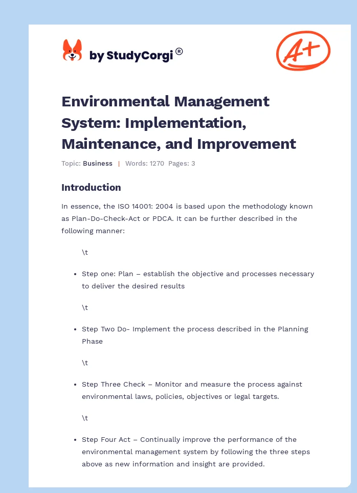 Environmental Management System: Implementation, Maintenance, and Improvement. Page 1