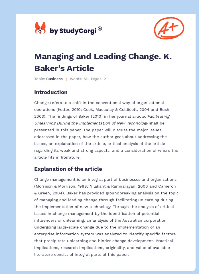 Managing and Leading Change. K. Baker's Article. Page 1