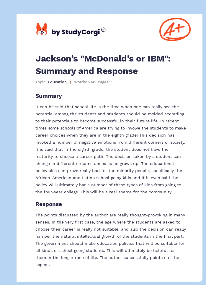Jackson’s "McDonald’s or IBM": Summary and Response. Page 1