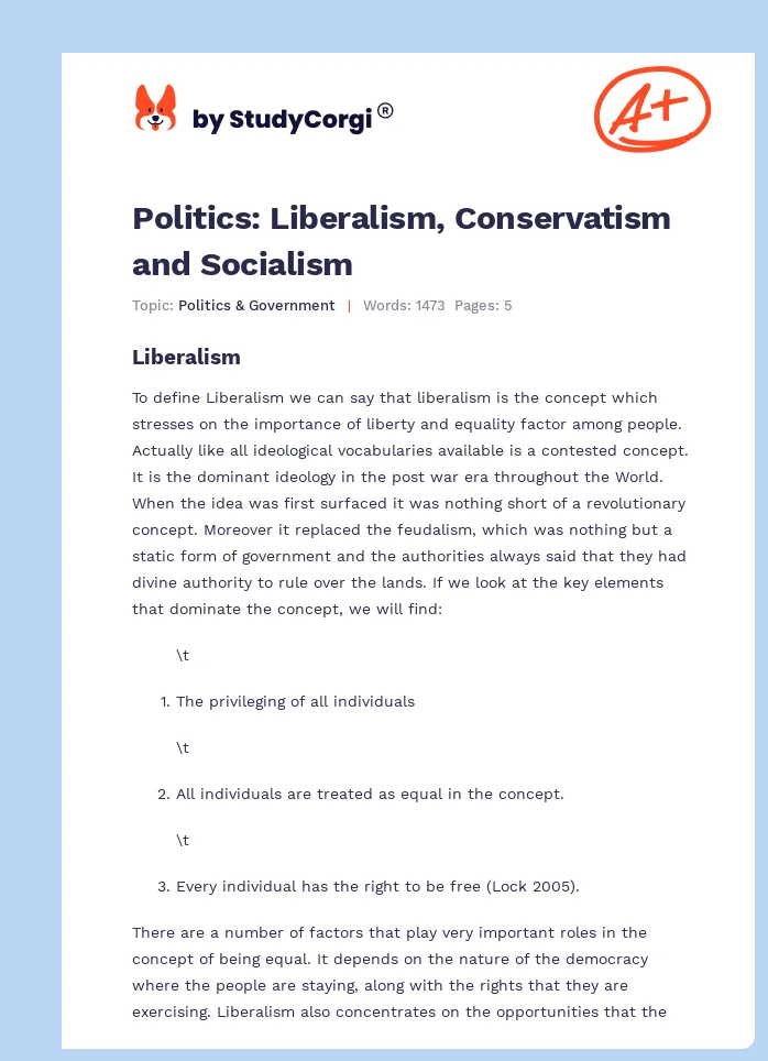 Politics: Liberalism, Conservatism and Socialism. Page 1