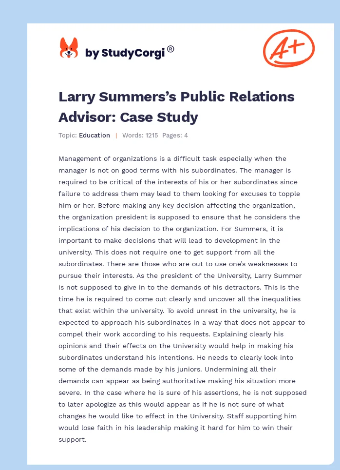 Larry Summers’s Public Relations Advisor: Case Study. Page 1
