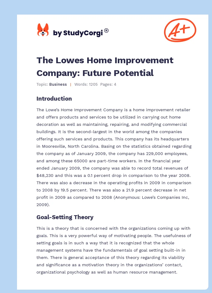 The Lowes Home Improvement Company: Future Potential. Page 1